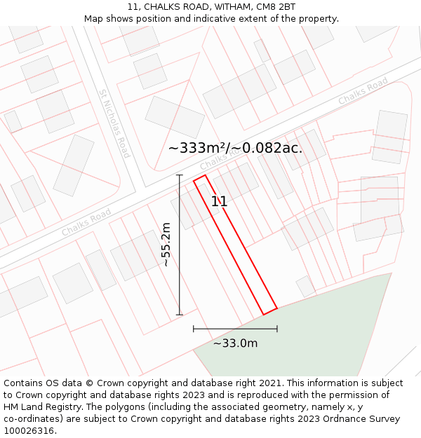 11, CHALKS ROAD, WITHAM, CM8 2BT: Plot and title map