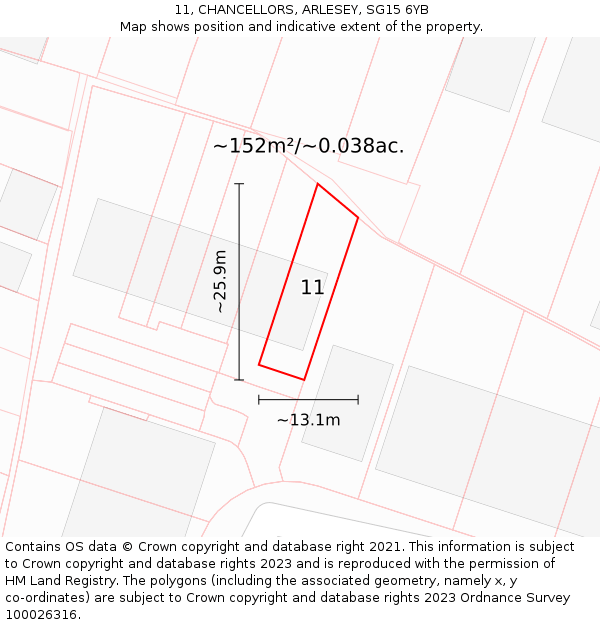 11, CHANCELLORS, ARLESEY, SG15 6YB: Plot and title map