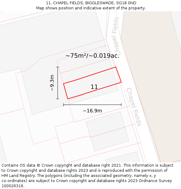11, CHAPEL FIELDS, BIGGLESWADE, SG18 0ND: Plot and title map