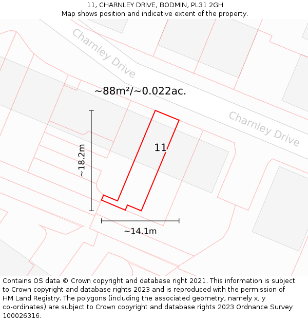 11, CHARNLEY DRIVE, BODMIN, PL31 2GH: Plot and title map