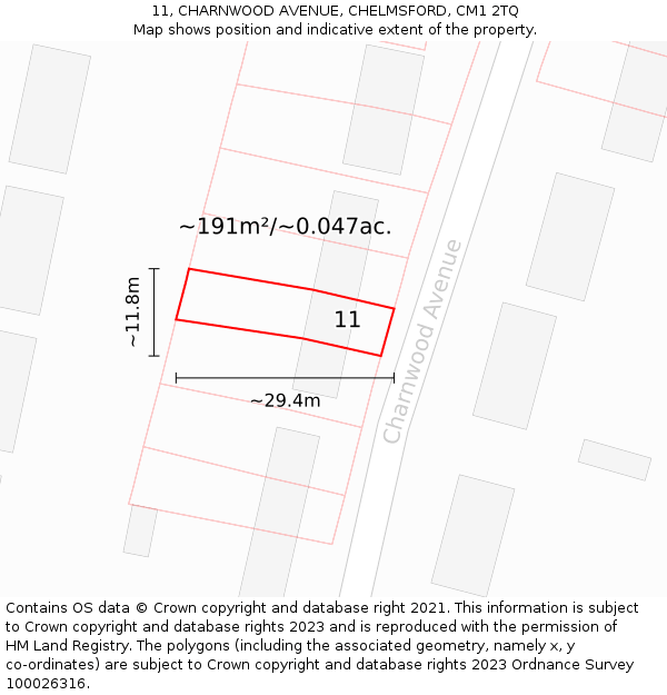 11, CHARNWOOD AVENUE, CHELMSFORD, CM1 2TQ: Plot and title map