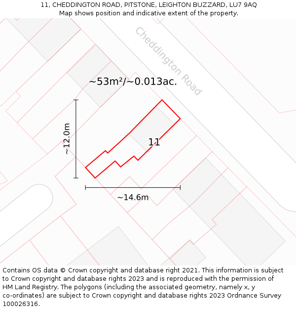 11, CHEDDINGTON ROAD, PITSTONE, LEIGHTON BUZZARD, LU7 9AQ: Plot and title map