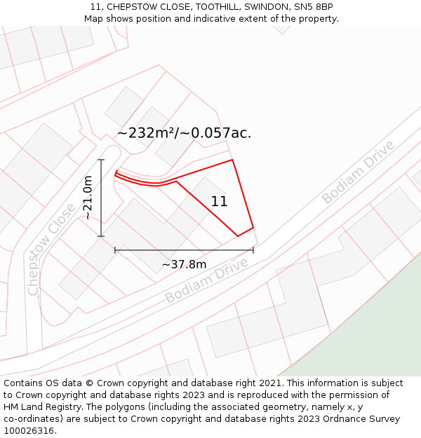 11, CHEPSTOW CLOSE, TOOTHILL, SWINDON, SN5 8BP: Plot and title map