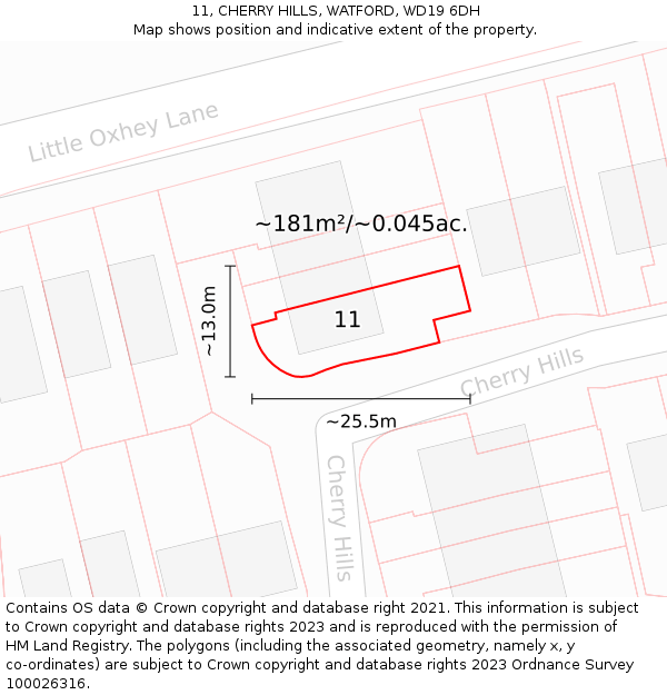 11, CHERRY HILLS, WATFORD, WD19 6DH: Plot and title map