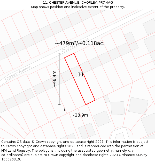 11, CHESTER AVENUE, CHORLEY, PR7 4AG: Plot and title map