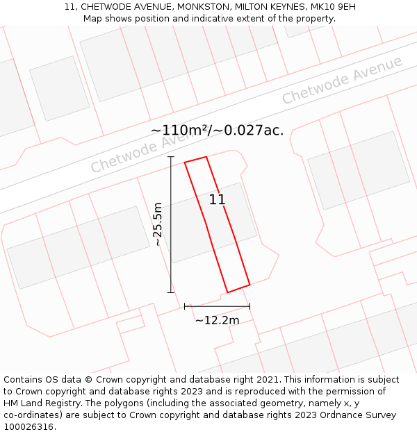 11, CHETWODE AVENUE, MONKSTON, MILTON KEYNES, MK10 9EH: Plot and title map