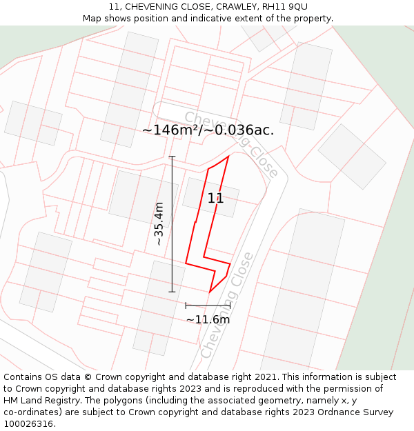 11, CHEVENING CLOSE, CRAWLEY, RH11 9QU: Plot and title map