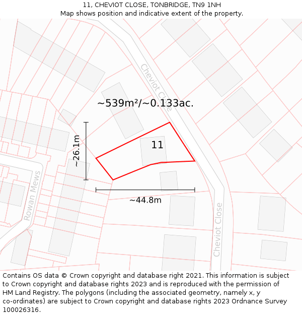 11, CHEVIOT CLOSE, TONBRIDGE, TN9 1NH: Plot and title map