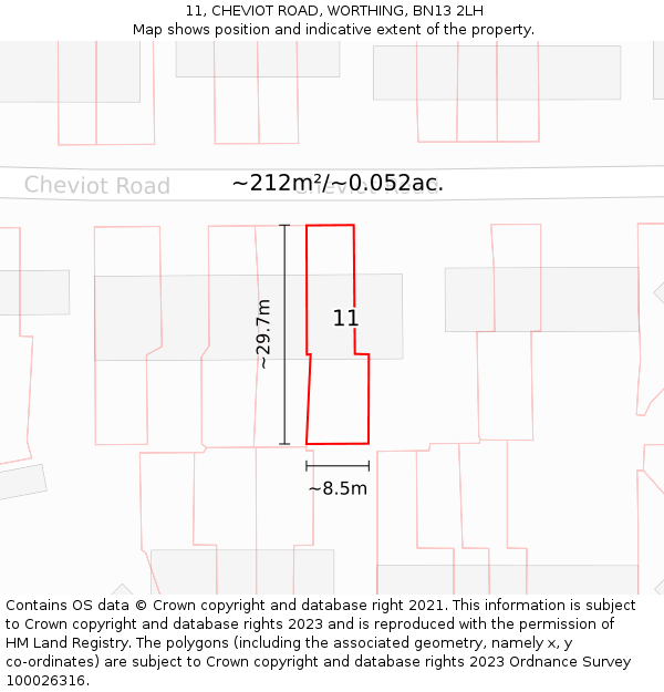 11, CHEVIOT ROAD, WORTHING, BN13 2LH: Plot and title map