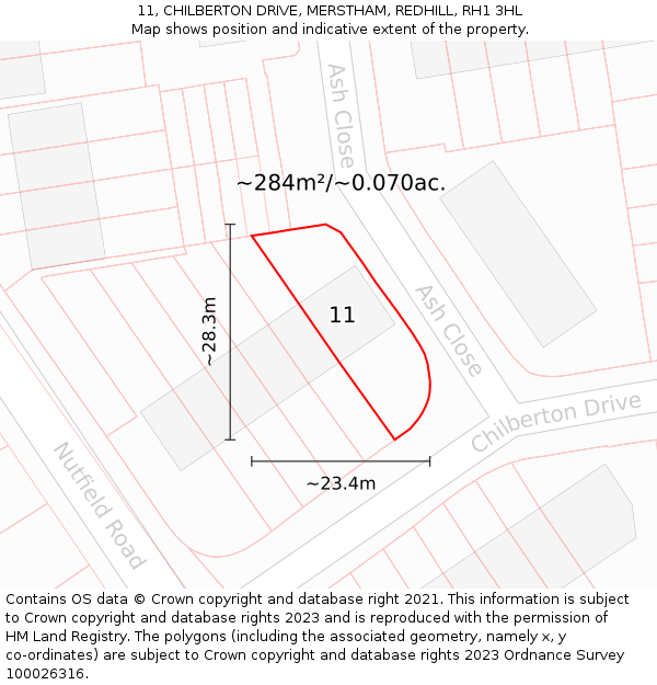 11, CHILBERTON DRIVE, MERSTHAM, REDHILL, RH1 3HL: Plot and title map