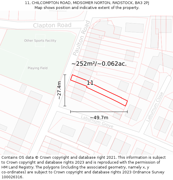 11, CHILCOMPTON ROAD, MIDSOMER NORTON, RADSTOCK, BA3 2PJ: Plot and title map