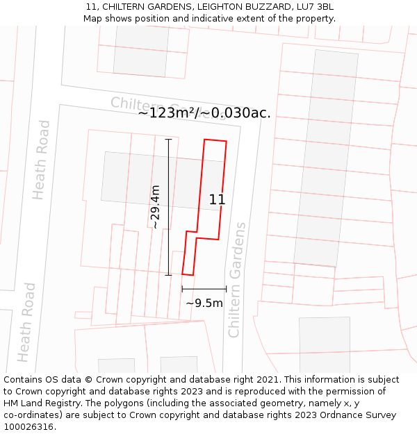 11, CHILTERN GARDENS, LEIGHTON BUZZARD, LU7 3BL: Plot and title map