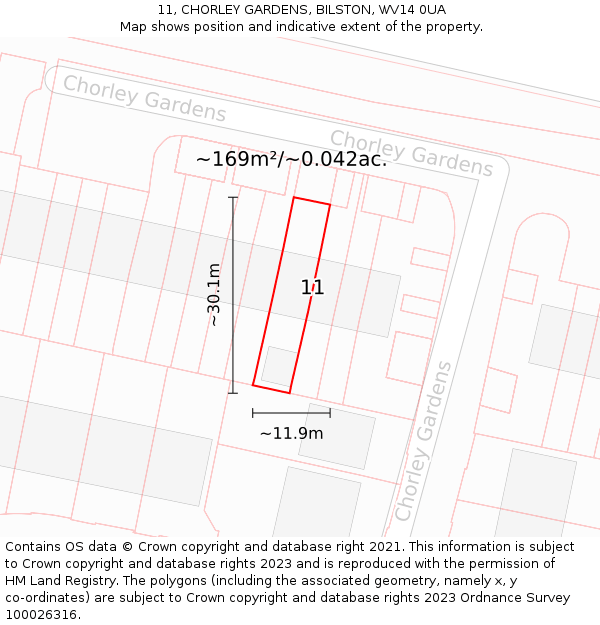 11, CHORLEY GARDENS, BILSTON, WV14 0UA: Plot and title map