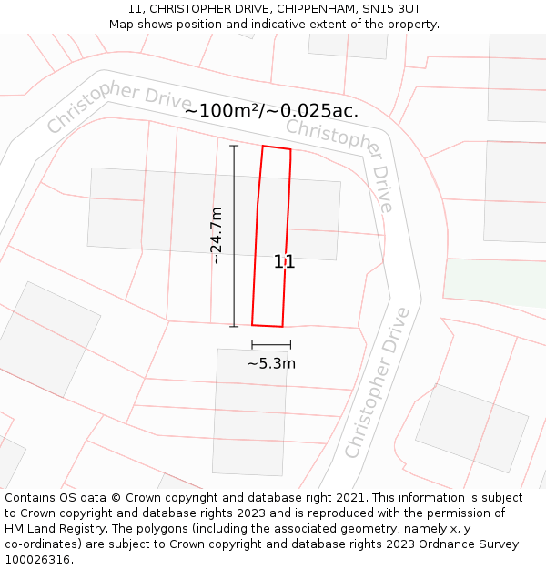 11, CHRISTOPHER DRIVE, CHIPPENHAM, SN15 3UT: Plot and title map