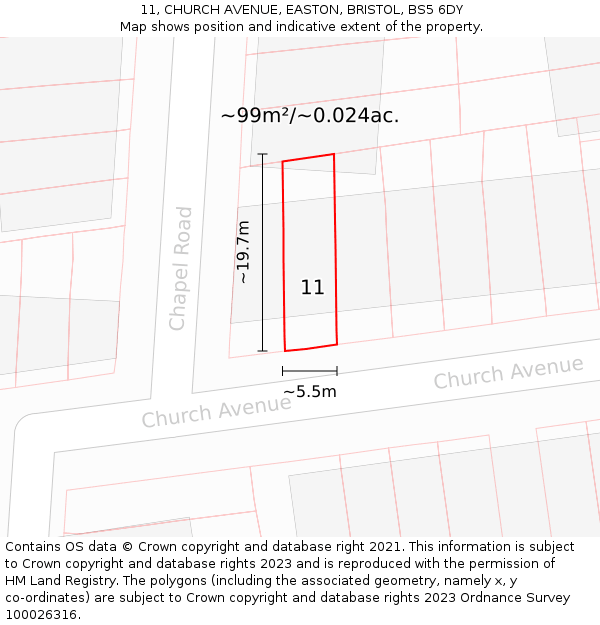 11, CHURCH AVENUE, EASTON, BRISTOL, BS5 6DY: Plot and title map