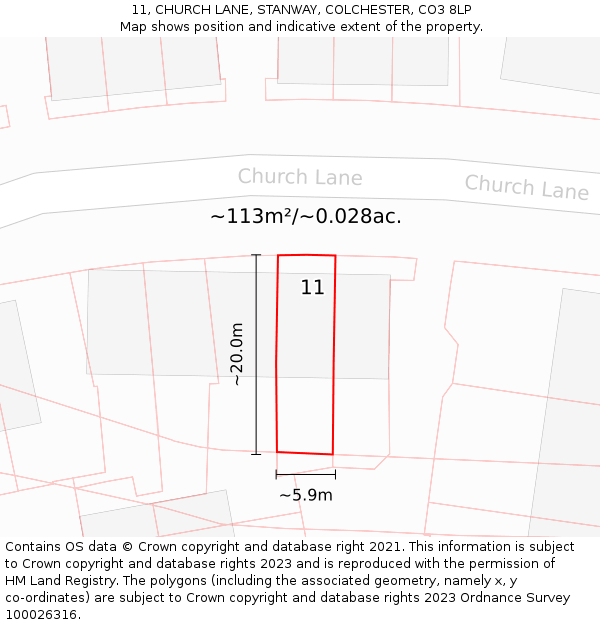 11, CHURCH LANE, STANWAY, COLCHESTER, CO3 8LP: Plot and title map