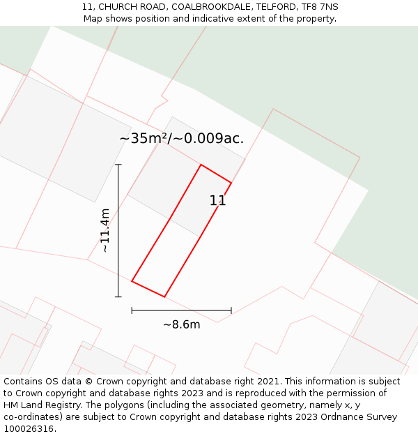 11, CHURCH ROAD, COALBROOKDALE, TELFORD, TF8 7NS: Plot and title map