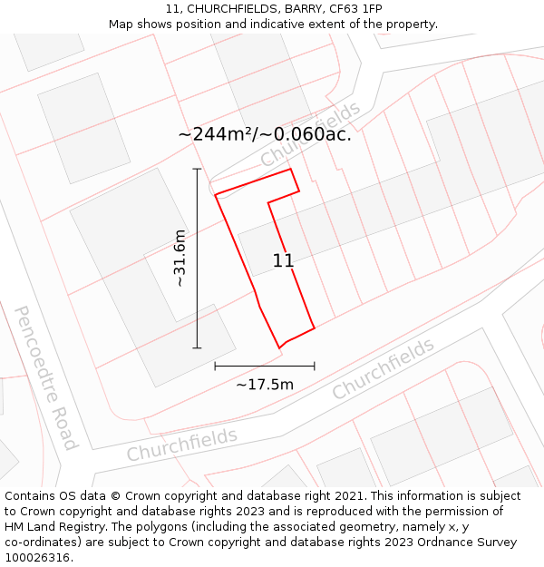 11, CHURCHFIELDS, BARRY, CF63 1FP: Plot and title map