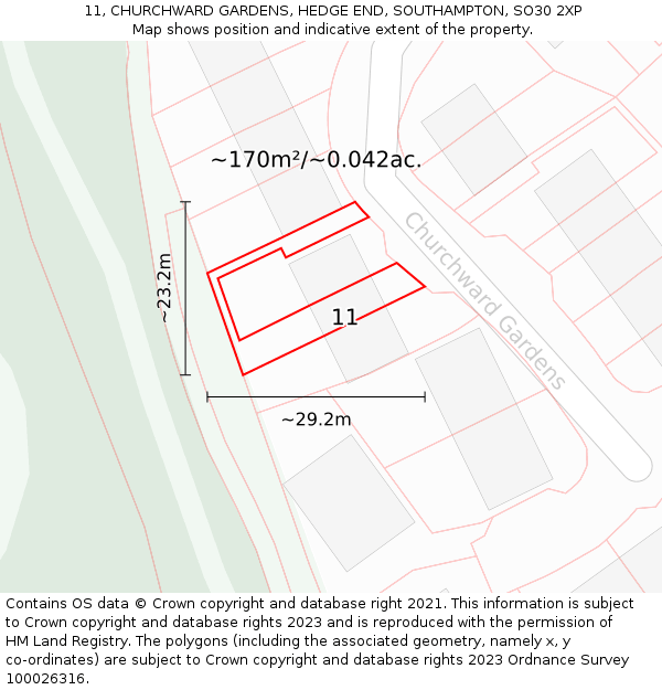 11, CHURCHWARD GARDENS, HEDGE END, SOUTHAMPTON, SO30 2XP: Plot and title map