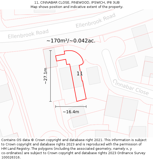 11, CINNABAR CLOSE, PINEWOOD, IPSWICH, IP8 3UB: Plot and title map