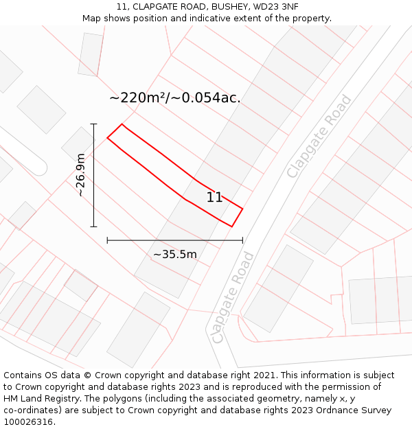 11, CLAPGATE ROAD, BUSHEY, WD23 3NF: Plot and title map