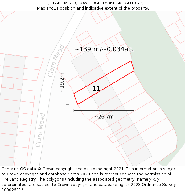 11, CLARE MEAD, ROWLEDGE, FARNHAM, GU10 4BJ: Plot and title map