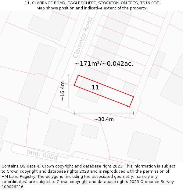 11, CLARENCE ROAD, EAGLESCLIFFE, STOCKTON-ON-TEES, TS16 0DE: Plot and title map