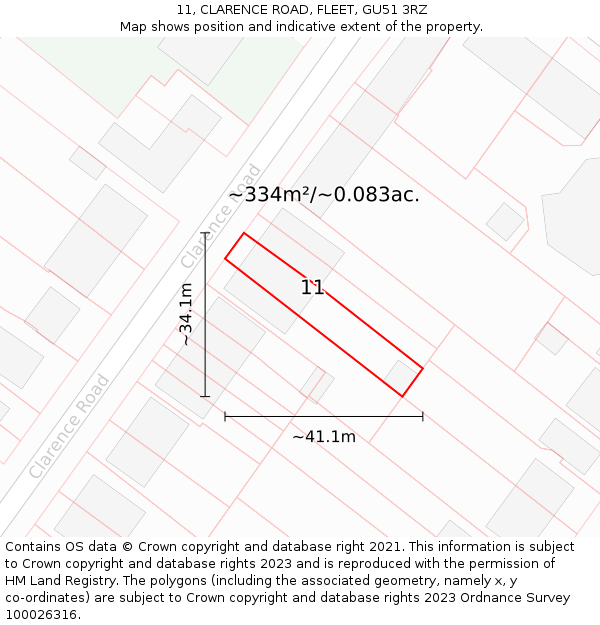 11, CLARENCE ROAD, FLEET, GU51 3RZ: Plot and title map