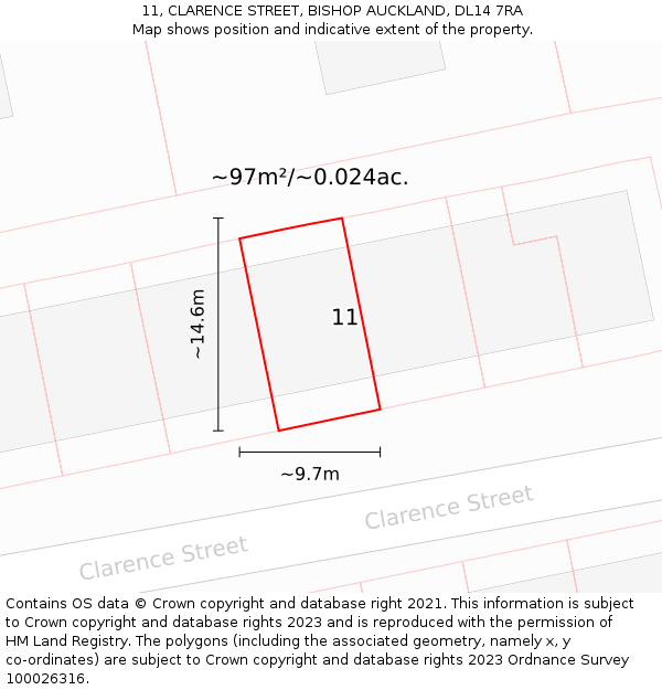 11, CLARENCE STREET, BISHOP AUCKLAND, DL14 7RA: Plot and title map