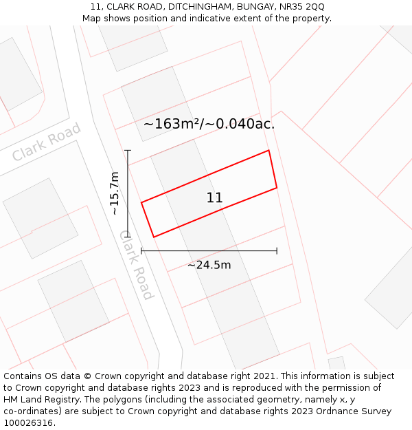 11, CLARK ROAD, DITCHINGHAM, BUNGAY, NR35 2QQ: Plot and title map
