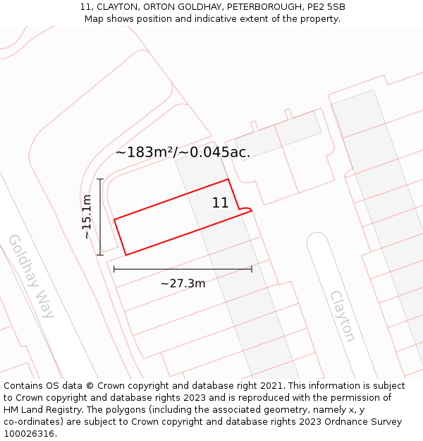 11, CLAYTON, ORTON GOLDHAY, PETERBOROUGH, PE2 5SB: Plot and title map