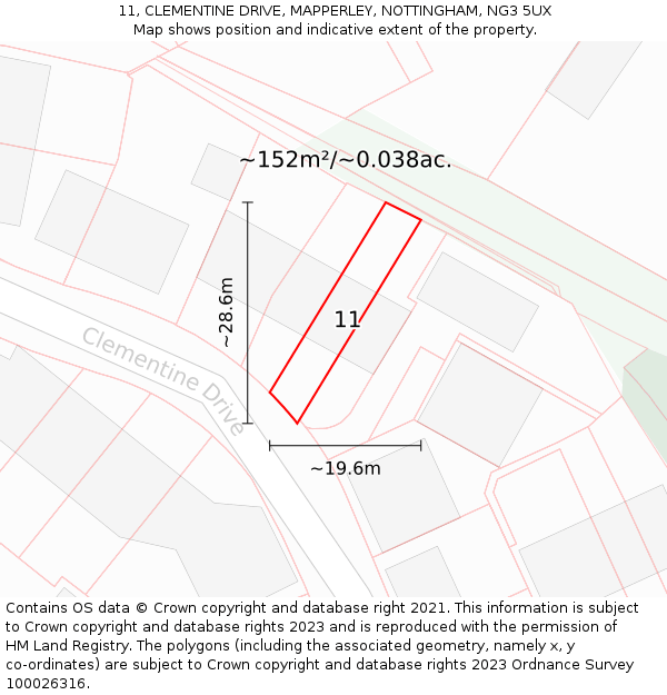 11, CLEMENTINE DRIVE, MAPPERLEY, NOTTINGHAM, NG3 5UX: Plot and title map