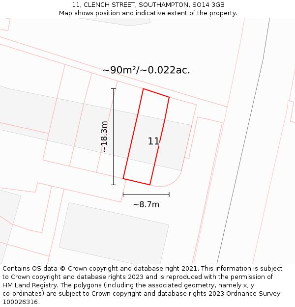 11, CLENCH STREET, SOUTHAMPTON, SO14 3GB: Plot and title map