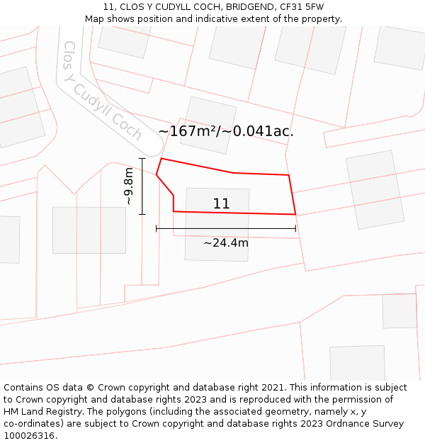 11, CLOS Y CUDYLL COCH, BRIDGEND, CF31 5FW: Plot and title map