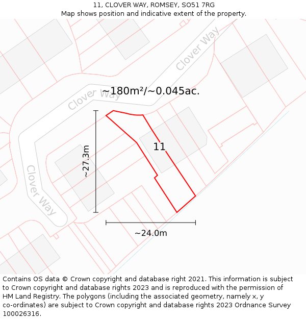 11, CLOVER WAY, ROMSEY, SO51 7RG: Plot and title map