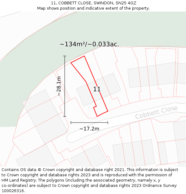 11, COBBETT CLOSE, SWINDON, SN25 4GZ: Plot and title map