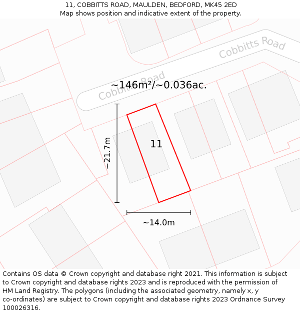 11, COBBITTS ROAD, MAULDEN, BEDFORD, MK45 2ED: Plot and title map
