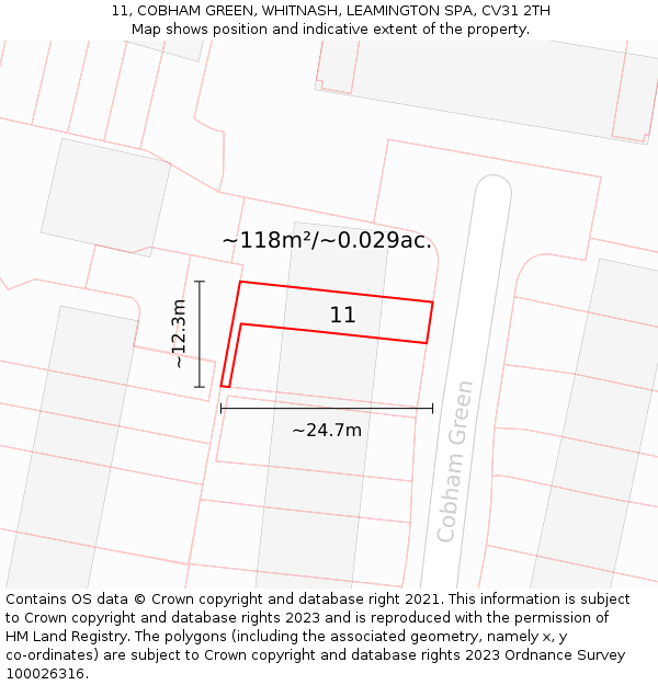 11, COBHAM GREEN, WHITNASH, LEAMINGTON SPA, CV31 2TH: Plot and title map