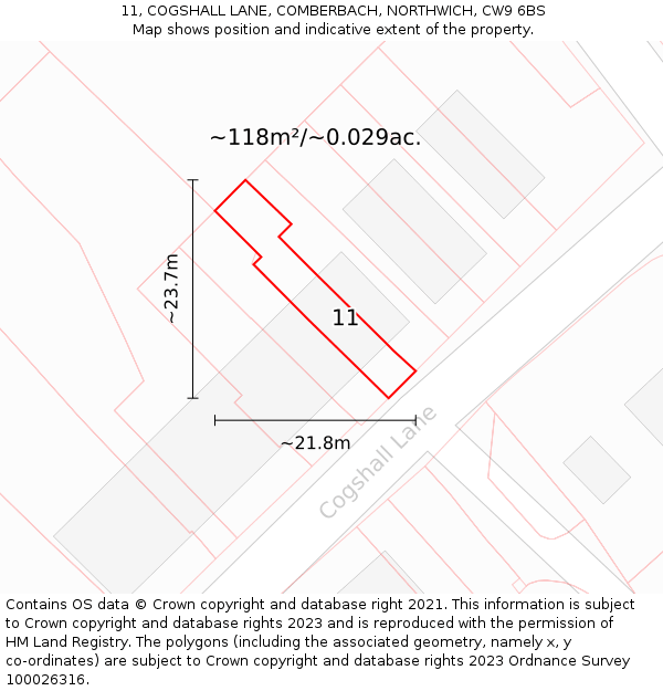 11, COGSHALL LANE, COMBERBACH, NORTHWICH, CW9 6BS: Plot and title map