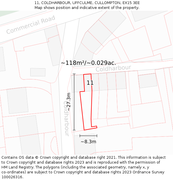 11, COLDHARBOUR, UFFCULME, CULLOMPTON, EX15 3EE: Plot and title map