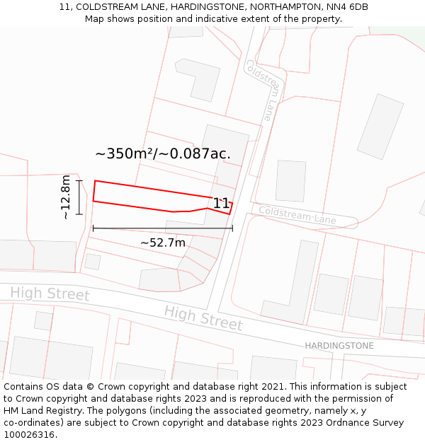 11, COLDSTREAM LANE, HARDINGSTONE, NORTHAMPTON, NN4 6DB: Plot and title map