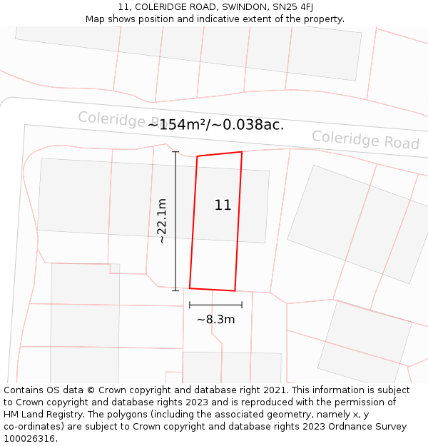 11, COLERIDGE ROAD, SWINDON, SN25 4FJ: Plot and title map