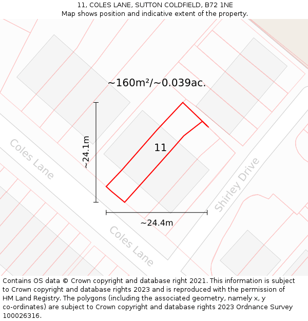 11, COLES LANE, SUTTON COLDFIELD, B72 1NE: Plot and title map