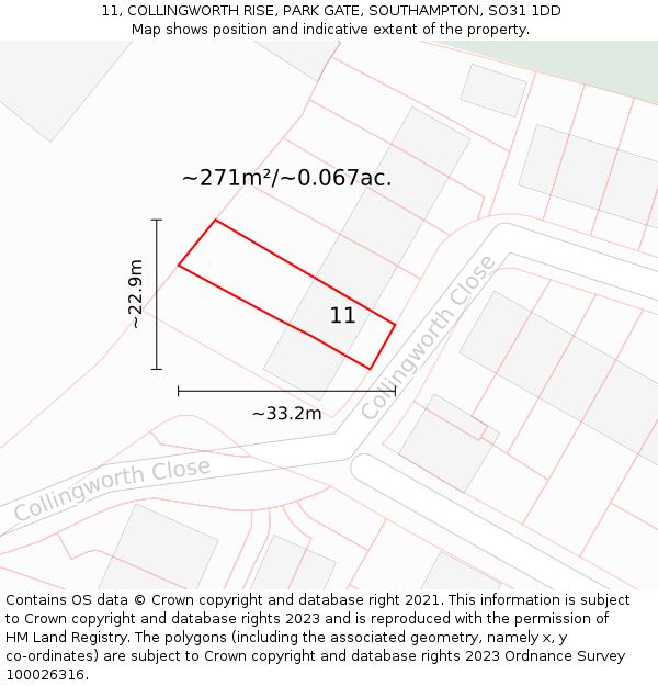 11, COLLINGWORTH RISE, PARK GATE, SOUTHAMPTON, SO31 1DD: Plot and title map