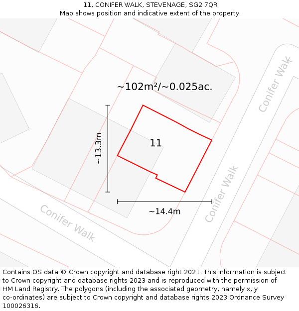 11, CONIFER WALK, STEVENAGE, SG2 7QR: Plot and title map