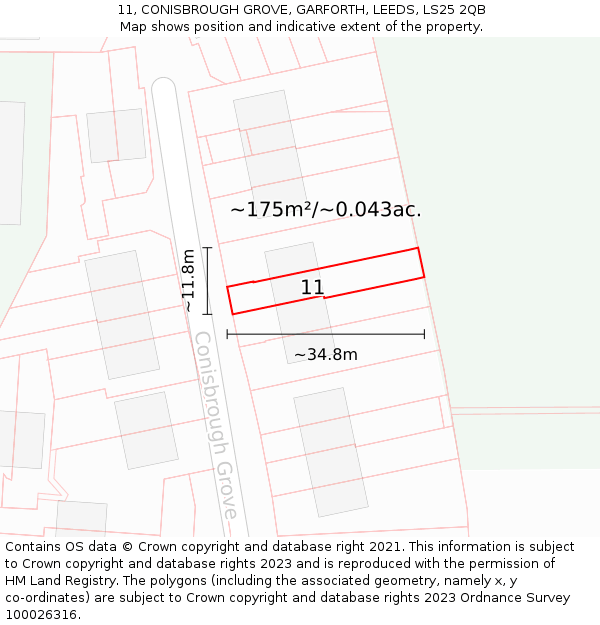 11, CONISBROUGH GROVE, GARFORTH, LEEDS, LS25 2QB: Plot and title map