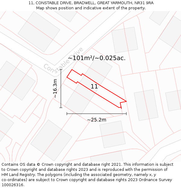 11, CONSTABLE DRIVE, BRADWELL, GREAT YARMOUTH, NR31 9RA: Plot and title map
