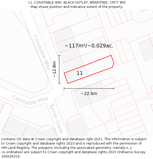 11, CONSTABLE WAY, BLACK NOTLEY, BRAINTREE, CM77 8FE: Plot and title map