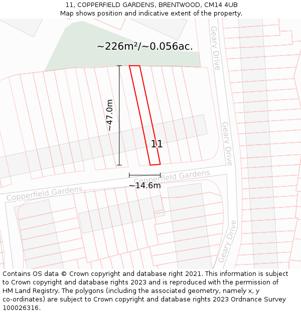 11, COPPERFIELD GARDENS, BRENTWOOD, CM14 4UB: Plot and title map