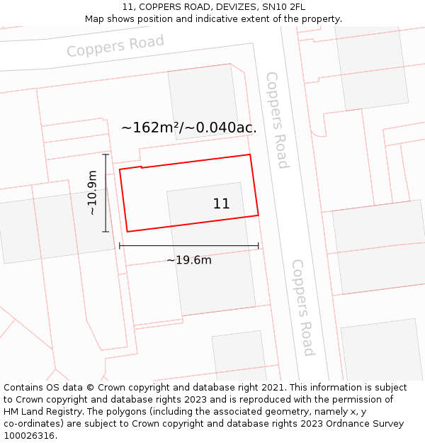 11, COPPERS ROAD, DEVIZES, SN10 2FL: Plot and title map